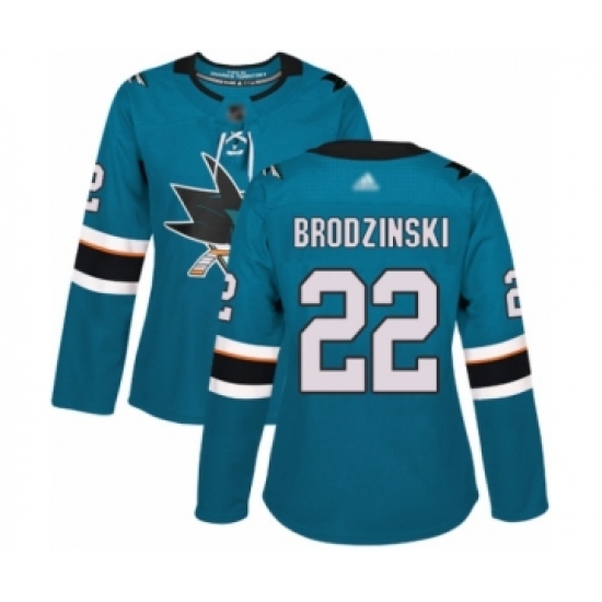 Women's San Jose Sharks 22 Jonny Brodzinski Authentic Teal Green Home Hockey Jersey