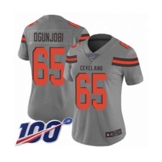 Women's Cleveland Browns 65 Larry Ogunjobi Limited Gray Inverted Legend 100th Season Football Jersey