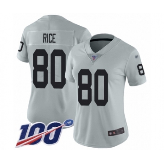 Women's Oakland Raiders 80 Jerry Rice Limited Silver Inverted Legend 100th Season Football Jersey