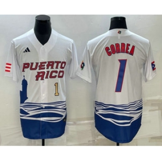 Men's Puerto Rico Baseball 1 Carlos Correa Number White 2023 World Baseball Classic Stitched Jerseys