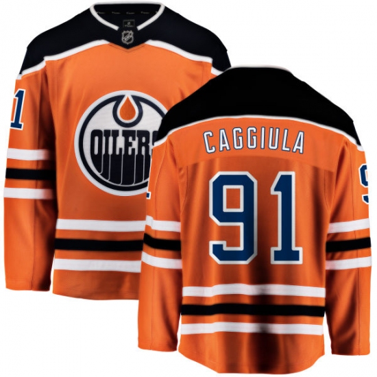 Youth Edmonton Oilers 91 Drake Caggiula Fanatics Branded Orange Home Breakaway NHL Jersey