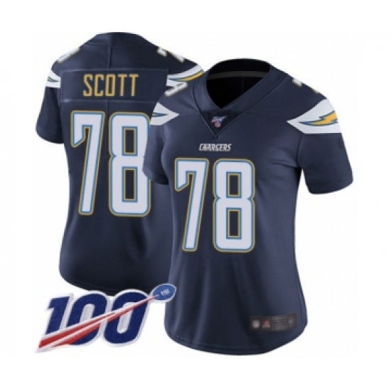 Women's Los Angeles Chargers 78 Trent Scott Navy Blue Team Color Vapor Untouchable Limited Player 100th Season Football Jersey