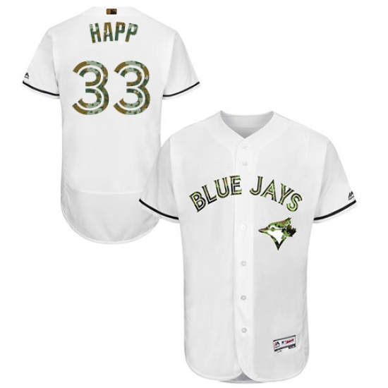 Men's Majestic Toronto Blue Jays 33 J.A. Happ Authentic White 2016 Memorial Day Fashion Flex Base MLB Jersey