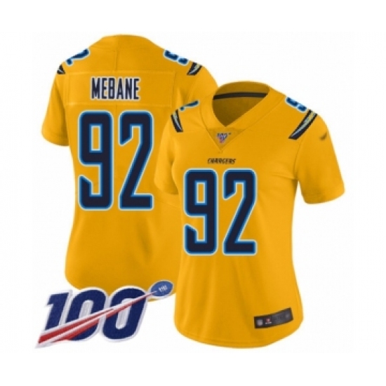 Women's Los Angeles Chargers 92 Brandon Mebane Limited Gold Inverted Legend 100th Season Football Jersey