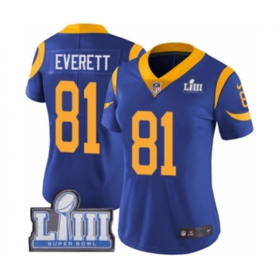 Women's Nike Los Angeles Rams 81 Gerald Everett Royal Blue Alternate Vapor Untouchable Limited Player Super Bowl LIII Bound NFL Jersey