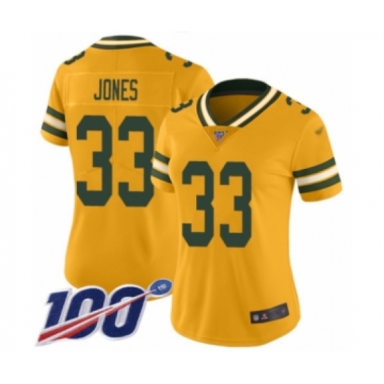 Women's Green Bay Packers 33 Aaron Jones Limited Gold Inverted Legend 100th Season Football Jersey
