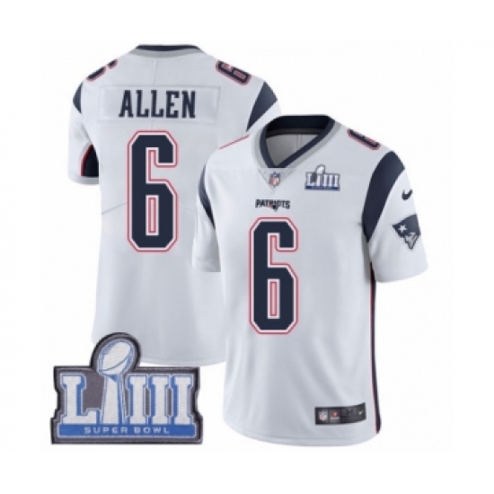 Men's Nike New England Patriots 6 Ryan Allen White Vapor Untouchable Limited Player Super Bowl LIII Bound NFL Jersey