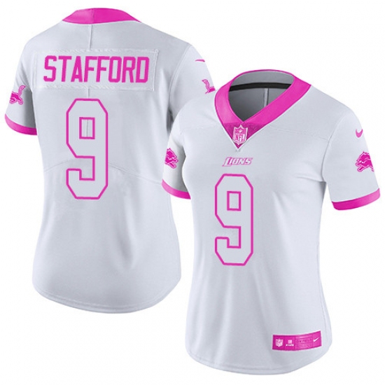 Women's Nike Detroit Lions 9 Matthew Stafford Limited White/Pink Rush Fashion NFL Jersey