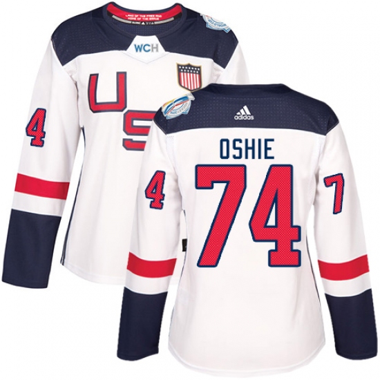 Women's Adidas Team USA 74 T. J. Oshie Authentic White Home 2016 World Cup Hockey Jersey