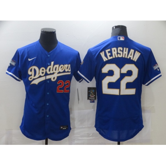 Men's Nike Los Angeles Dodgers 22 Clayton Kershaw Blue Elite Champions Authentic Jersey