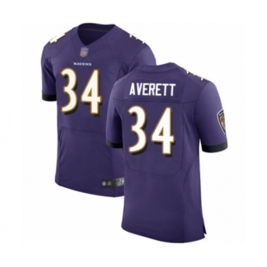 Men's Baltimore Ravens 34 Anthony Averett Purple Team Color Vapor Untouchable Elite Player Football Jersey