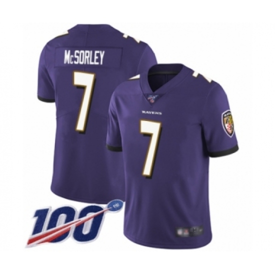 Men's Baltimore Ravens 7 Trace McSorley Purple Team Color Vapor Untouchable Limited Player 100th Season Football Jersey