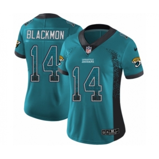 Women's Nike Jacksonville Jaguars 14 Justin Blackmon Limited Teal Green Rush Drift Fashion NFL Jersey