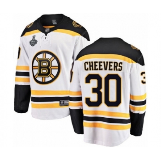 Youth Boston Bruins 30 Gerry Cheevers Authentic White Away Fanatics Branded Breakaway 2019 Stanley Cup Final Bound Hockey Jersey