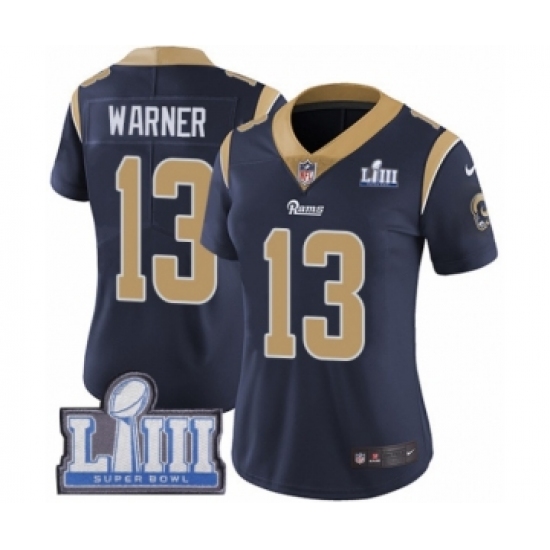 Women's Nike Los Angeles Rams 13 Kurt Warner Navy Blue Team Color Vapor Untouchable Limited Player Super Bowl LIII Bound NFL Jersey