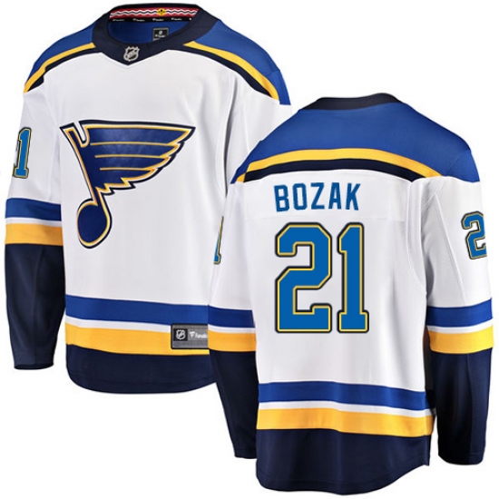 Men's St. Louis Blues 21 Tyler Bozak Fanatics Branded White Away Breakaway NHL Jersey