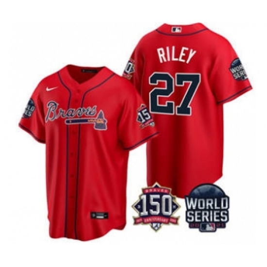 Men's Atlanta Braves 27 Austin Riley 2021 Red World Series With 150th Anniversary Patch Cool Base Stitched Jersey