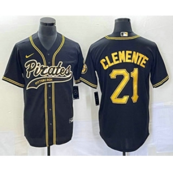 Men's Pittsburgh Pirates 21 Roberto Clemente Black Cool Base Stitched Baseball Jersey