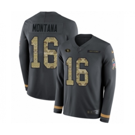 Men's Nike San Francisco 49ers 16 Joe Montana Limited Black Salute to Service Therma Long Sleeve NFL Jersey