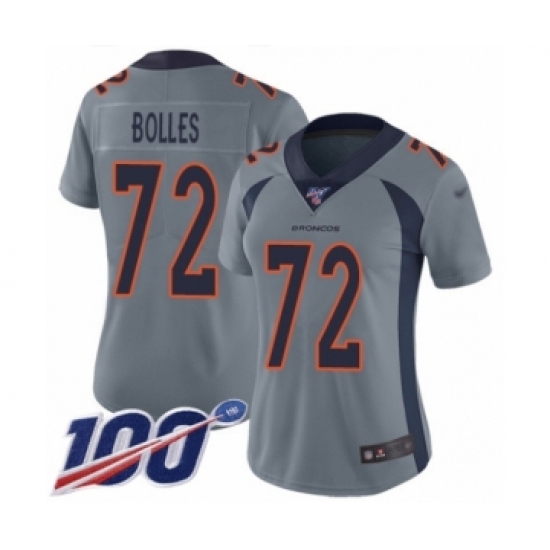 Women's Denver Broncos 72 Garett Bolles Limited Silver Inverted Legend 100th Season Football Jersey