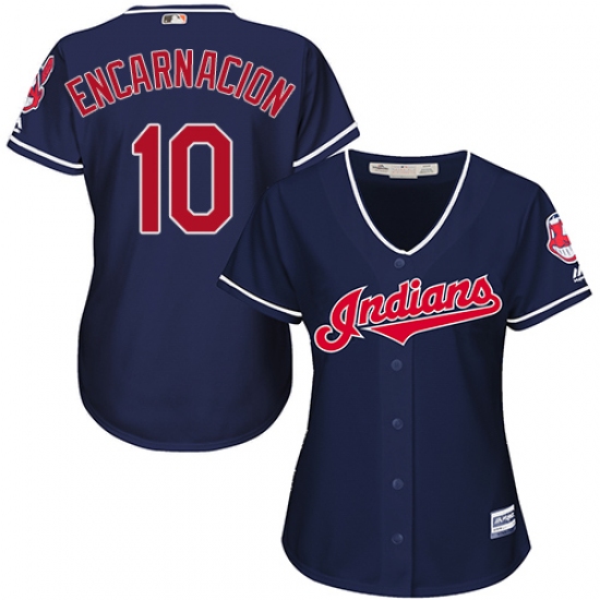 Women's Majestic Cleveland Indians 10 Edwin Encarnacion Replica Navy Blue Alternate 1 Cool Base MLB Jersey