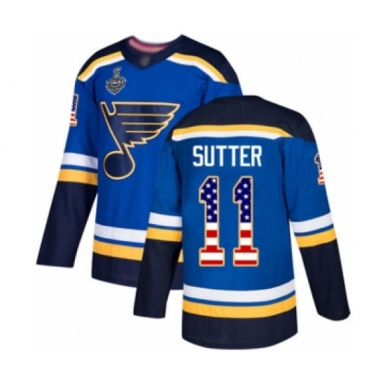 Men's St. Louis Blues 11 Brian Sutter Authentic Blue USA Flag Fashion 2019 Stanley Cup Final Bound Hockey Jersey