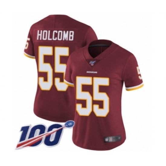 Women's Washington Redskins 55 Cole Holcomb Burgundy Red Team Color Vapor Untouchable Limited Player 100th Season Football Jersey