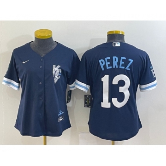 Women's Kansas City Royals 13 Salvador Perez 2022 Navy Blue City Connect Cool Base Stitched Jersey