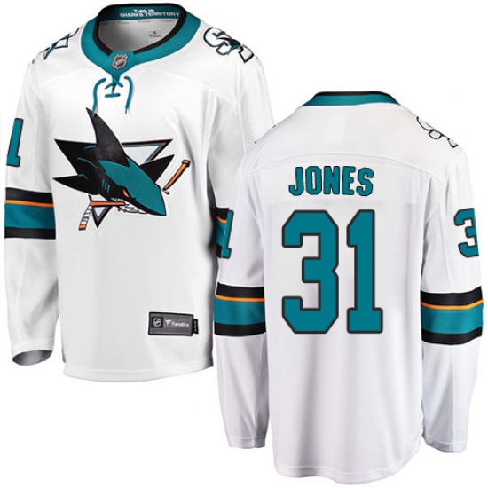 Youth San Jose Sharks 31 Martin Jones Fanatics Branded White Away Breakaway NHL Jersey