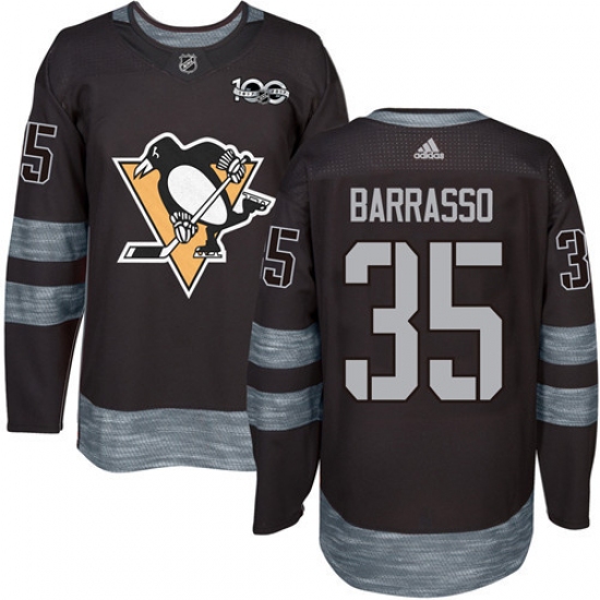 Men's Adidas Pittsburgh Penguins 35 Tom Barrasso Authentic Black 1917-2017 100th Anniversary NHL Jersey