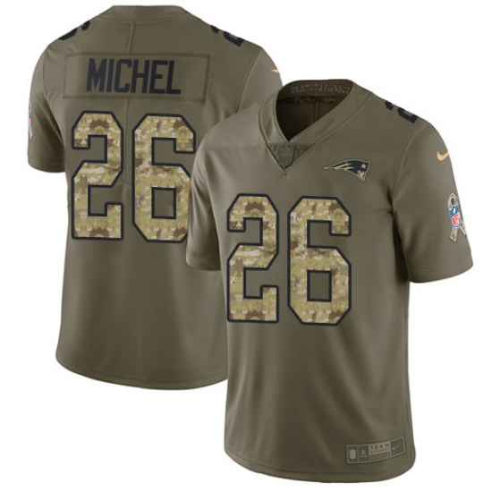 Men's Nike New England Patriots 26 Sony Michel Limited Olive Camo 2017 Salute to Service NFL Jersey