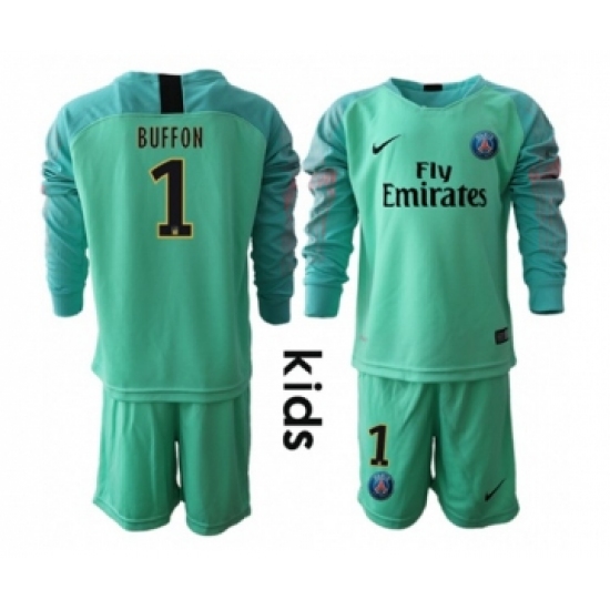 Paris Saint Germain 1 Buffon Green Goalkeeper Long Sleeves Kid Soccer Club Jersey