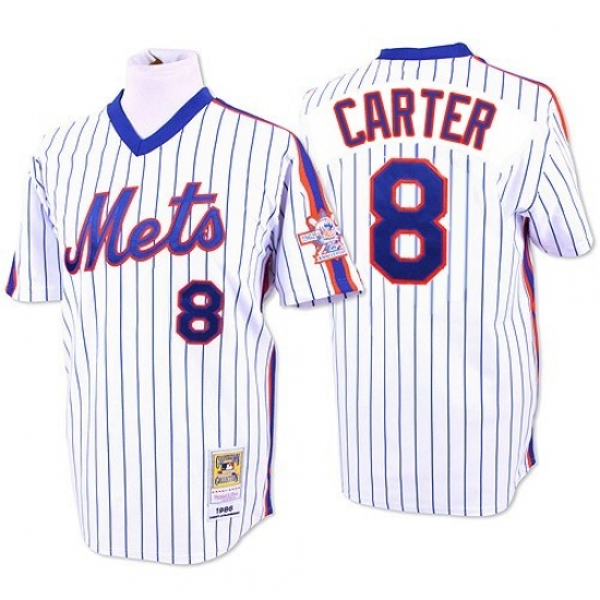 Men's Mitchell and Ness New York Mets 8 Gary Carter Authentic White/Blue Strip Throwback MLB Jersey