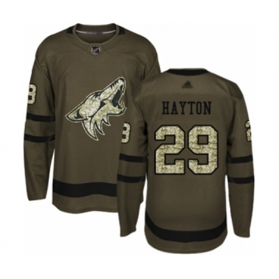 Men's Arizona Coyotes 29 Barrett Hayton Authentic Green Salute to Service Hockey Jersey