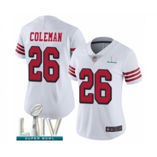 Women's San Francisco 49ers 26 Tevin Coleman Limited White Rush Vapor Untouchable Super Bowl LIV Bound Football Jersey