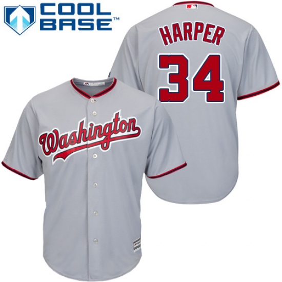 Youth Majestic Washington Nationals 34 Bryce Harper Authentic Grey Road Cool Base MLB Jersey