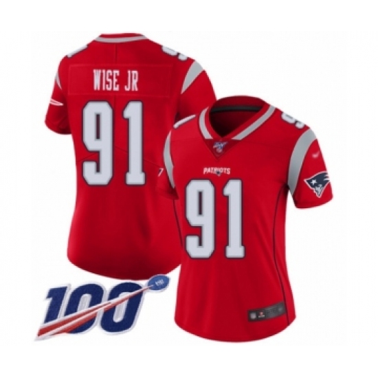 Women's New England Patriots 91 Deatrich Wise Jr Limited Red Inverted Legend 100th Season Football Jersey
