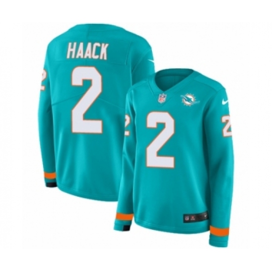 Women's Nike Miami Dolphins 2 Matt Haack Limited Aqua Therma Long Sleeve NFL Jersey