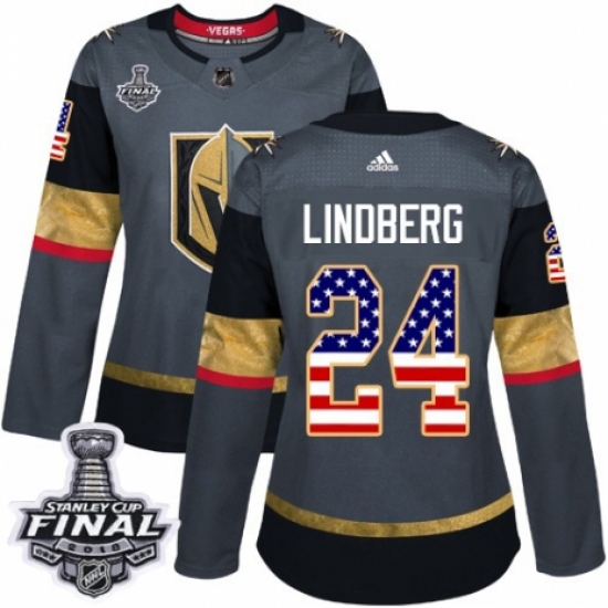 Women's Adidas Vegas Golden Knights 24 Oscar Lindberg Authentic Gray USA Flag Fashion 2018 Stanley Cup Final NHL Jersey