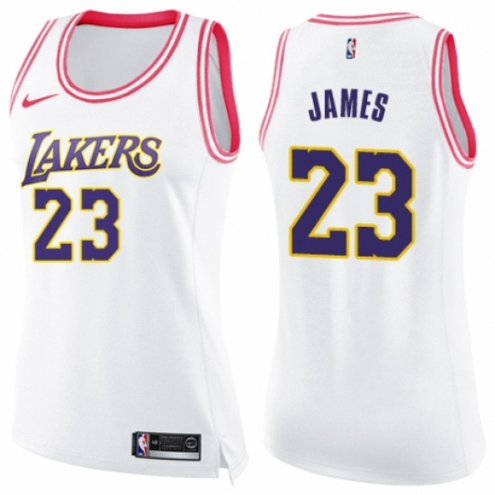 Women's Nike Los Angeles Lakers 23 LeBron James Swingman White/Pink Fashion NBA Jersey