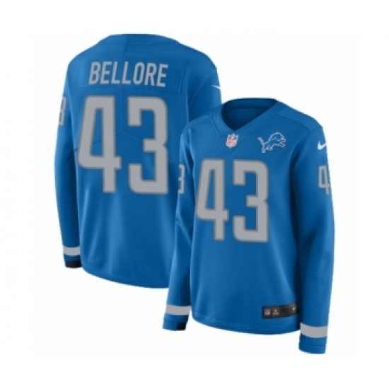 Women's Nike Detroit Lions 43 Nick Bellore Limited Blue Therma Long Sleeve NFL Jersey