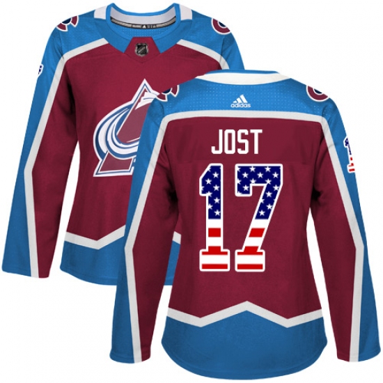 Women's Adidas Colorado Avalanche 17 Tyson Jost Authentic Burgundy Red USA Flag Fashion NHL Jersey