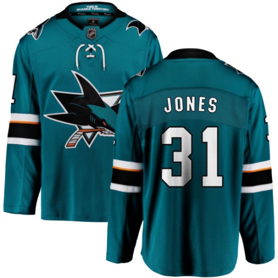 Youth San Jose Sharks 31 Martin Jones Fanatics Branded Teal Green Home Breakaway NHL Jersey