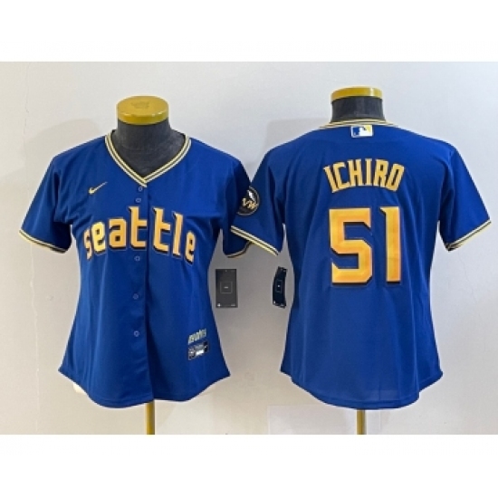 Women's Seattle Mariners 51 Ichiro Suzuki Blue 2023 City Connect Cool Base Stitched Jersey