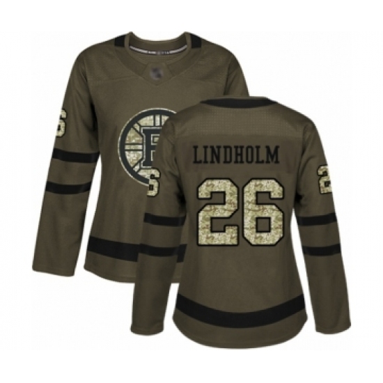 Women's Boston Bruins 26 Par Lindholm Authentic Green Salute to Service Hockey Jersey