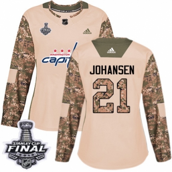 Women's Adidas Washington Capitals 21 Lucas Johansen Authentic Camo Veterans Day Practice 2018 Stanley Cup Final NHL Jersey