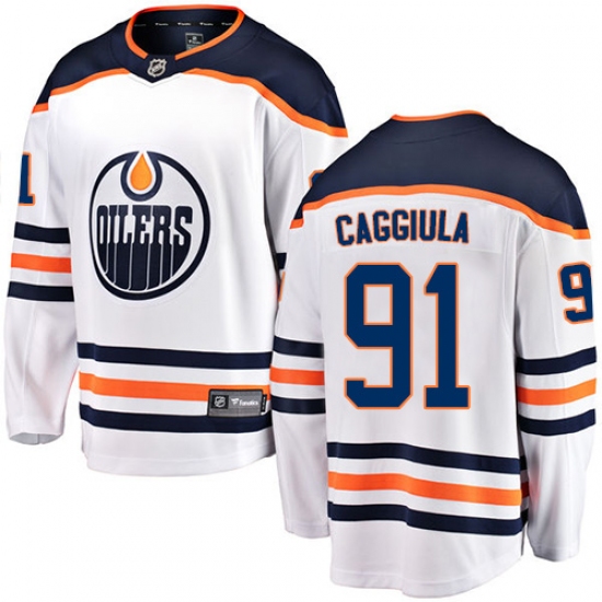 Youth Edmonton Oilers 91 Drake Caggiula Fanatics Branded White Away Breakaway NHL Jersey