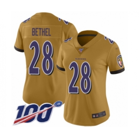 Women's Baltimore Ravens 28 Justin Bethel Limited Gold Inverted Legend 100th Season Football Jersey