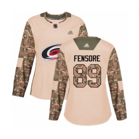 Women's Carolina Hurricanes 89 Domenick Fensore Authentic Camo Veterans Day Practice Hockey Jersey