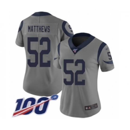 Women's Los Angeles Rams 52 Clay Matthews Limited Gray Inverted Legend 100th Season Football Jersey